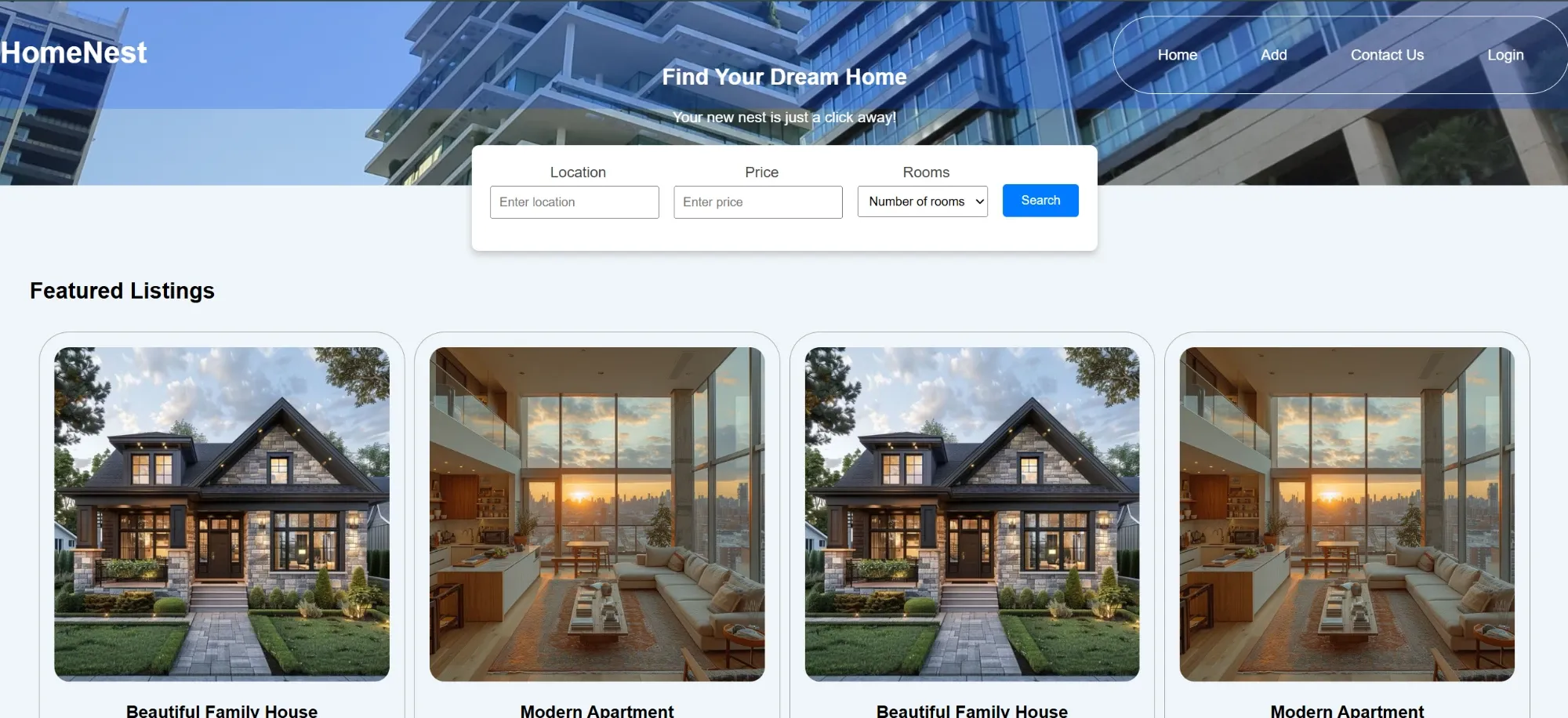 HomeNest home page with a home search form and featured listings