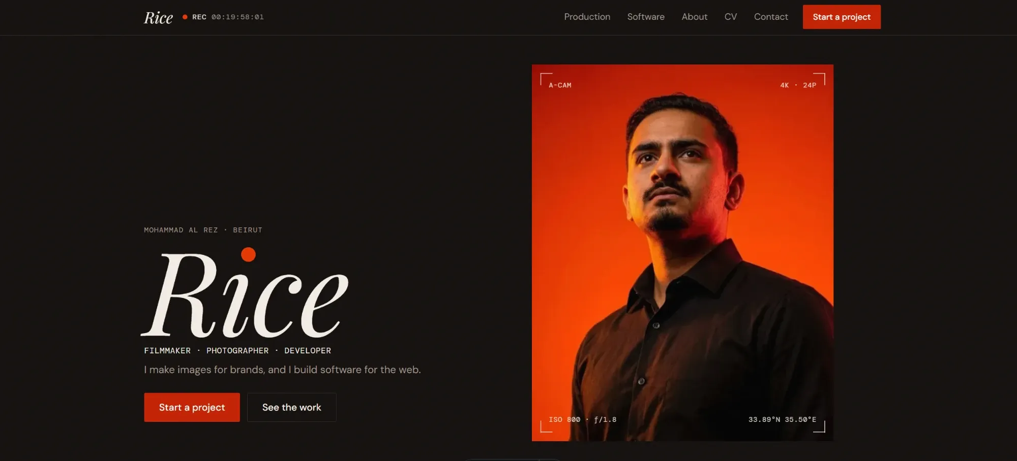 This portfolio's home page: the name Rice beside a framed portrait
